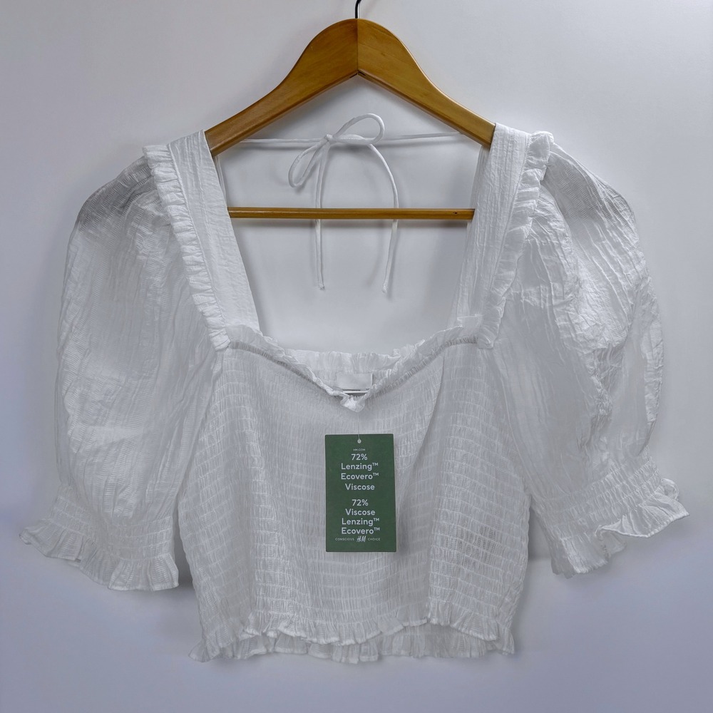 H&M Smocked Milkmaid Crop Top Puff Sleeve Peasant Cottagecore Boho Coquette S